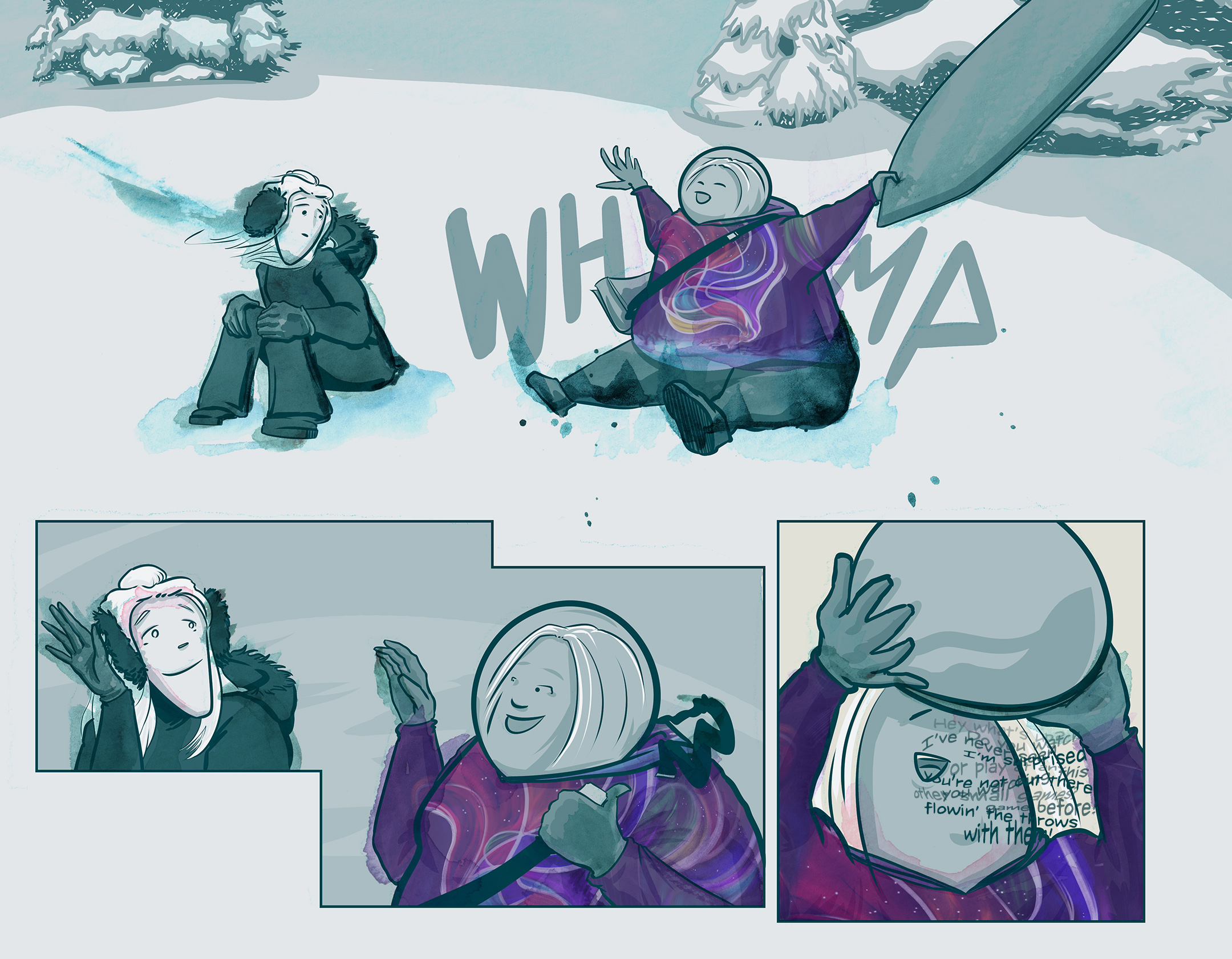 Girl sits next to another now-surprised girl, then takes off her helmet and introduces herself as Mow.